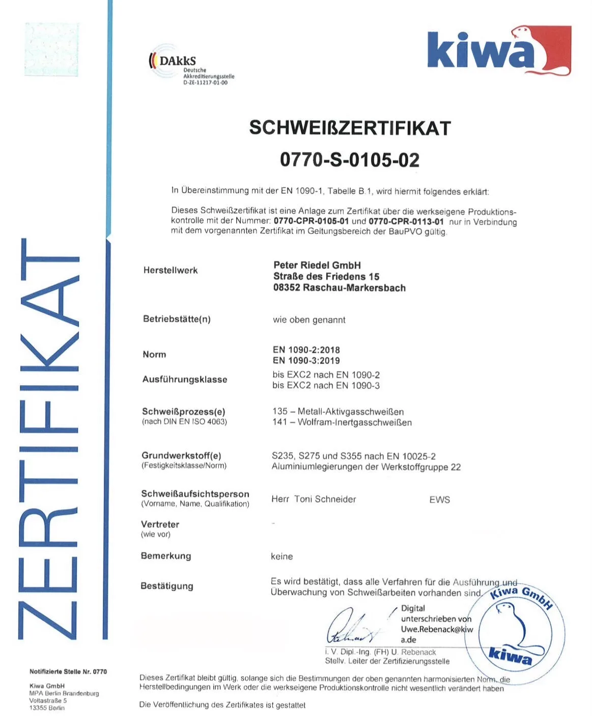 KIWA-Schweißzertifikat der Peter Riedel GmbH